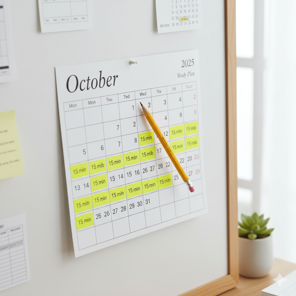 A calendar with a consistent 15-minute study block marked each day.