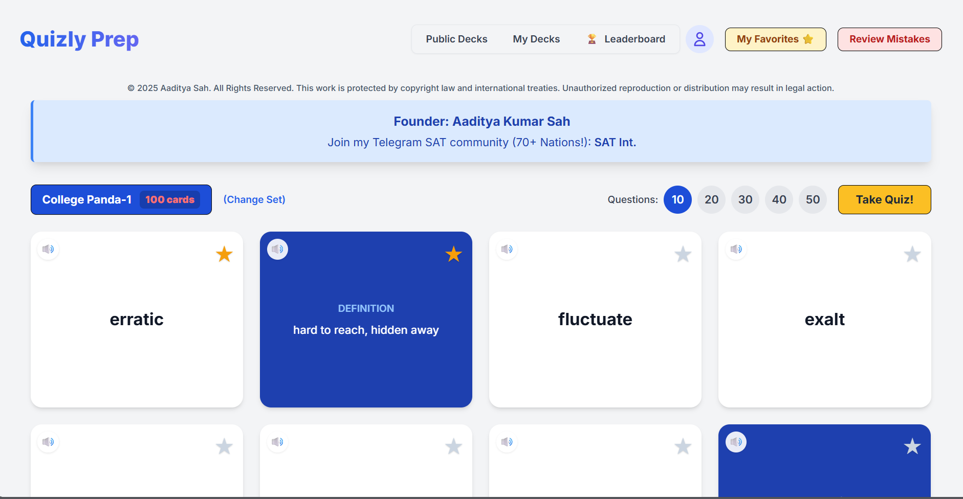 Quizly Prep Smart Flashcard App Interface on a Desktop